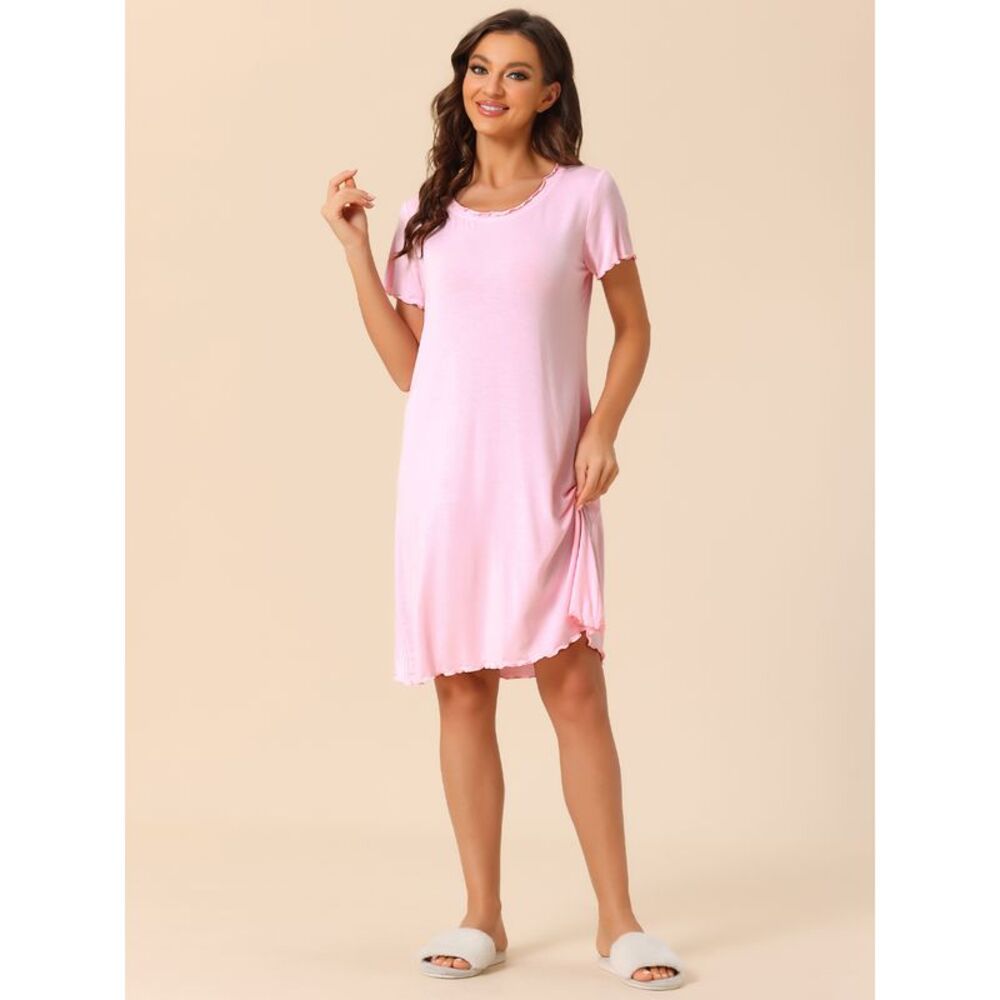 Sleepshirt Short Sleeve 2023 Pajama Dress Ruffle Lounge Nightshirts Pink - Picture 2 of 4